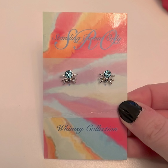 NWT Standing Room Only | Silver with Blue & Black Gems Spider Earrings Studs - Picture 1 of 3